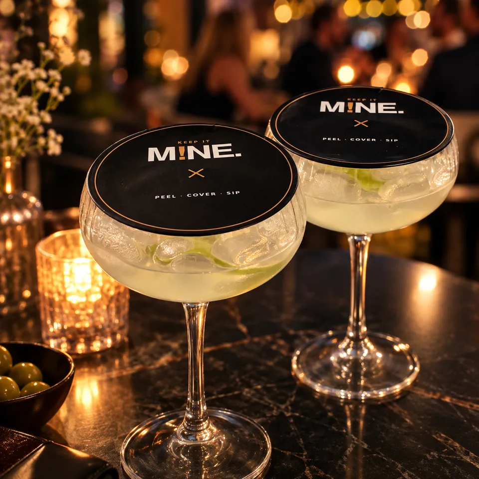 Two cocktail glasses with KEEP IT M!NE covers in a bar setting.