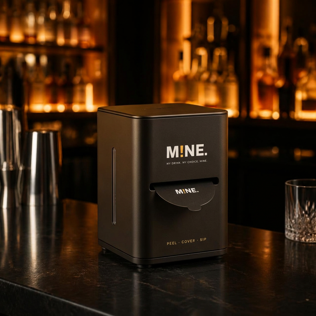 Premium matte black countertop dispenser holding round drink covers on a bar