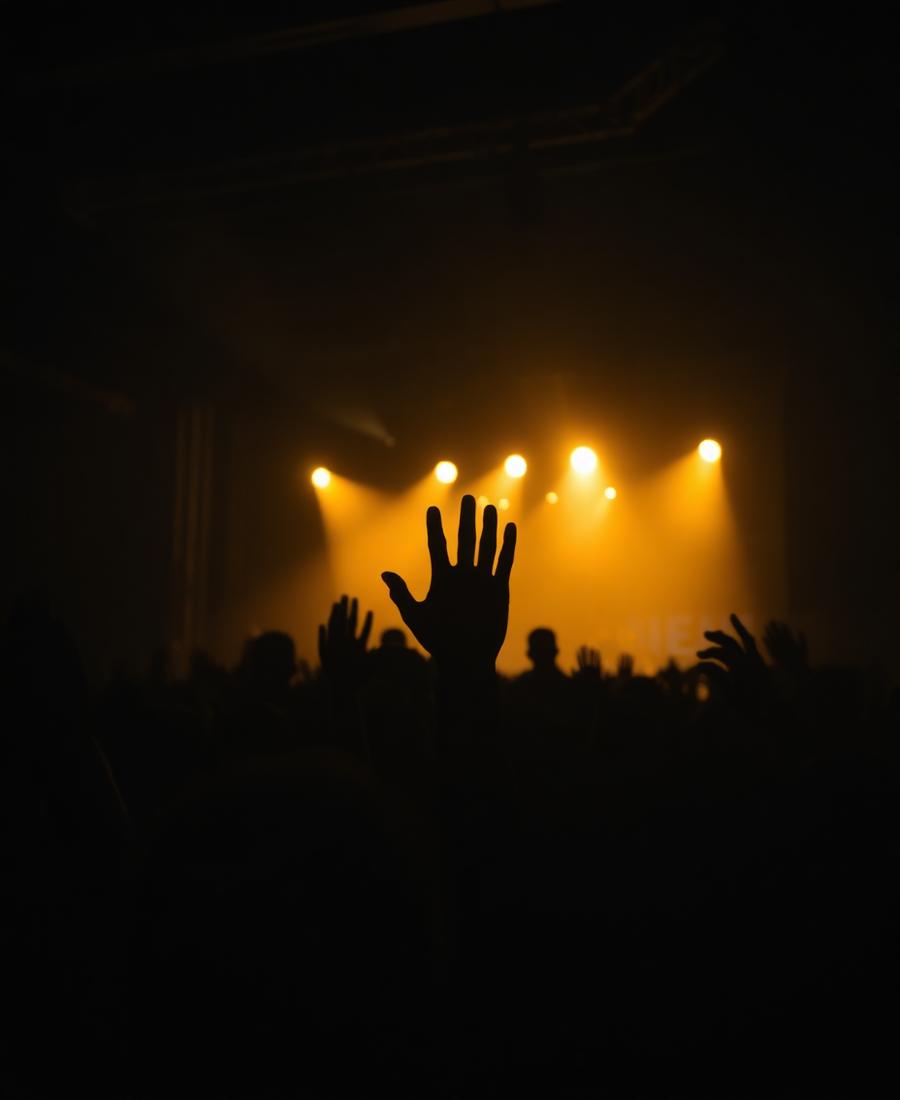 Concert audience with raised hands silhouetted against golden stage lights